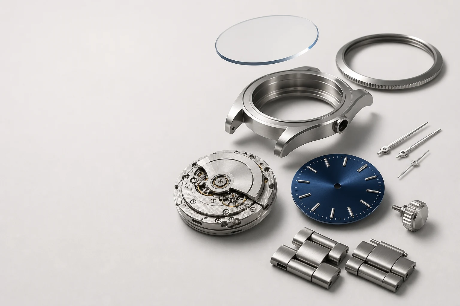 Separate watch movement, case, dial, hands, crystal, bezel, crown and bracelet links